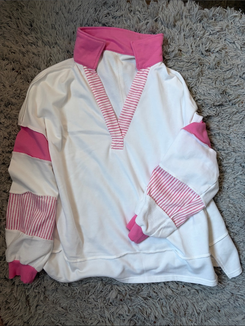 White & Pink Striped V-Neck Pullover